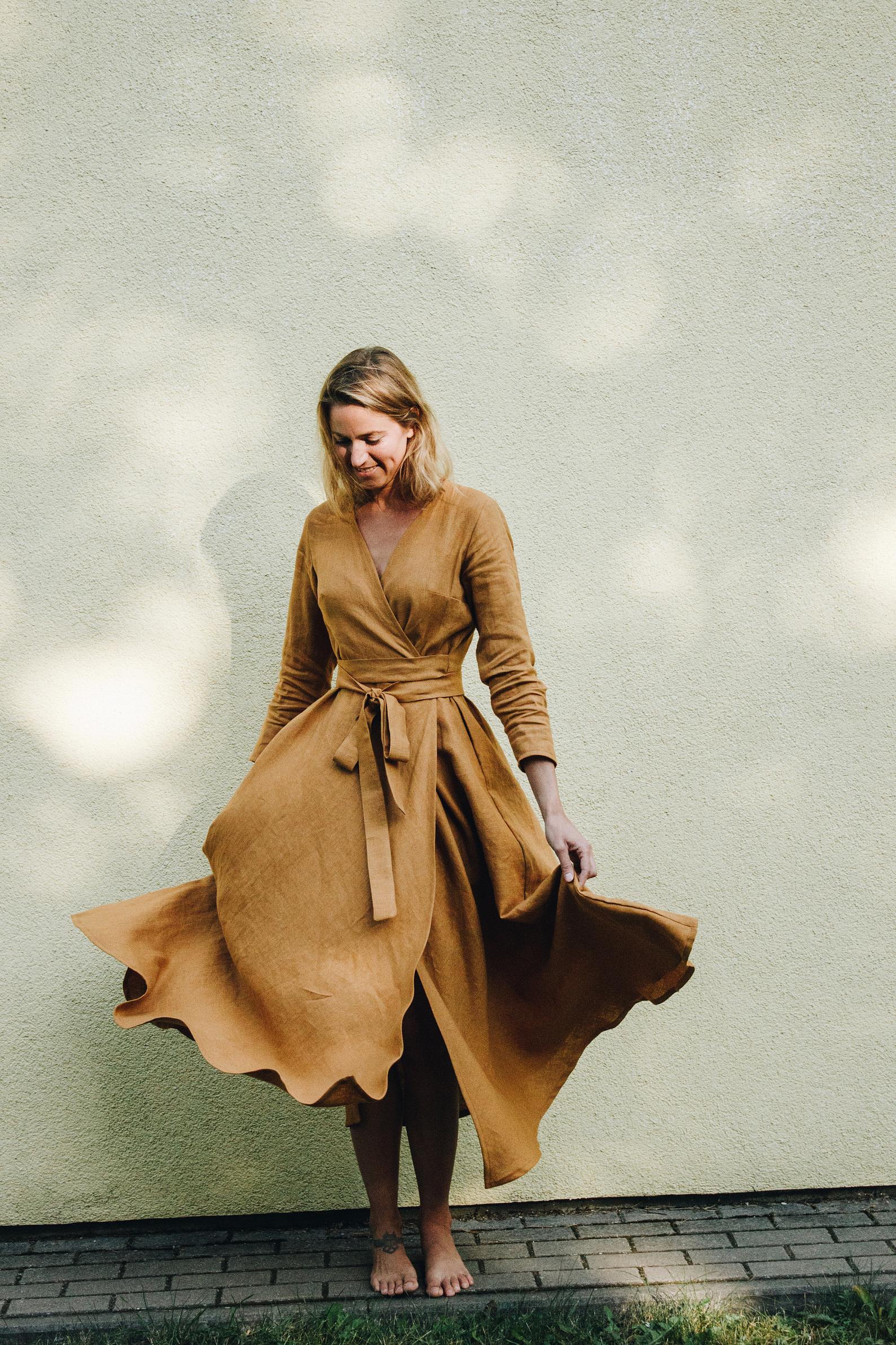 garstyciu-suknele Mustard Linen Wrap Bridesmaids Berlin Dress
