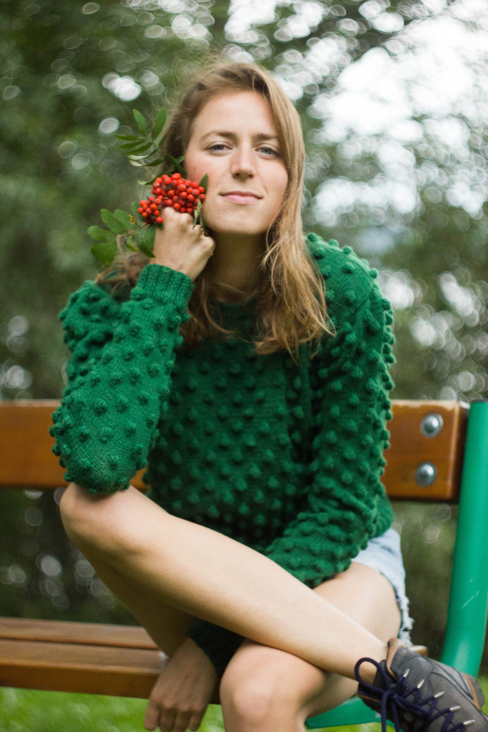 zalias-megztinis Hand Knitted Merino Green Pom Pom Sicily Sweater